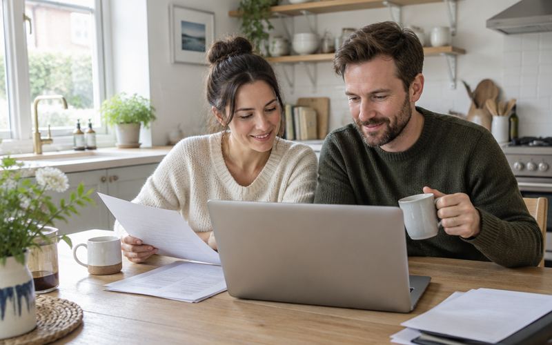 A couple at a kitchen table reviewing paperwork on a laptop